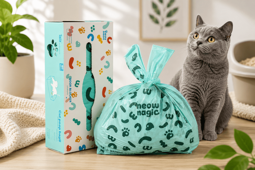 Meow Magic cat litter disposal bags tied and filled next to packaging box with a gray cat in the background for litter waste cleanup