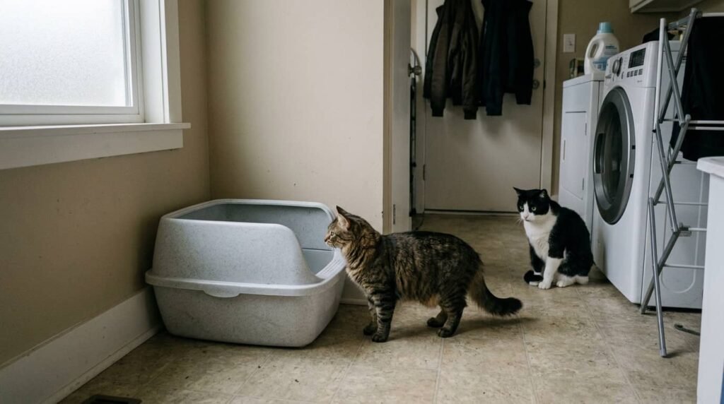 Two cats near litter box showing tension and hesitation