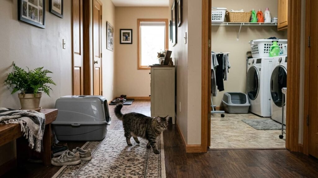two litter boxes placed in different areas of a home for one cat