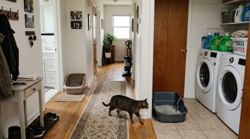 two litter boxes in different areas of a home for one cat