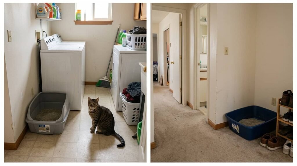 Two litter boxes placed in different areas of a home including laundry room and hallway