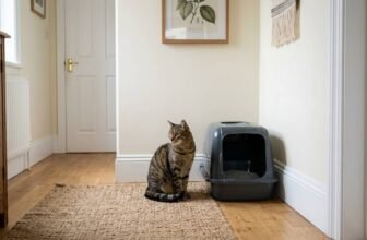 Cat sitting next to a litter box in a hallway but not using it