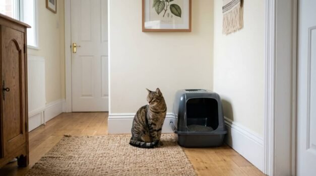 Cat sitting next to a litter box in a hallway but not using it