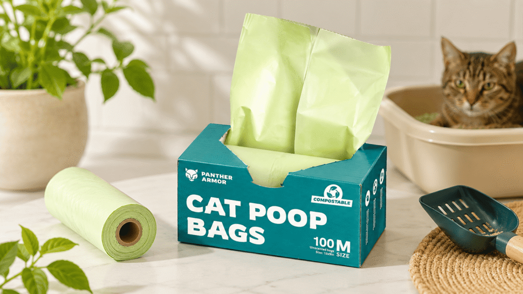 Panther Armor compostable cat poop bags in dispenser box with roll and litter scoop, used for daily cat litter cleanup