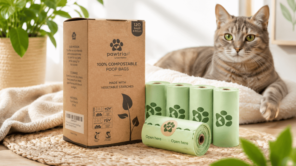 Pawtria compostable cat litter bags rolls next to box packaging with a cat in the background, used for scooping and disposing of cat litter waste