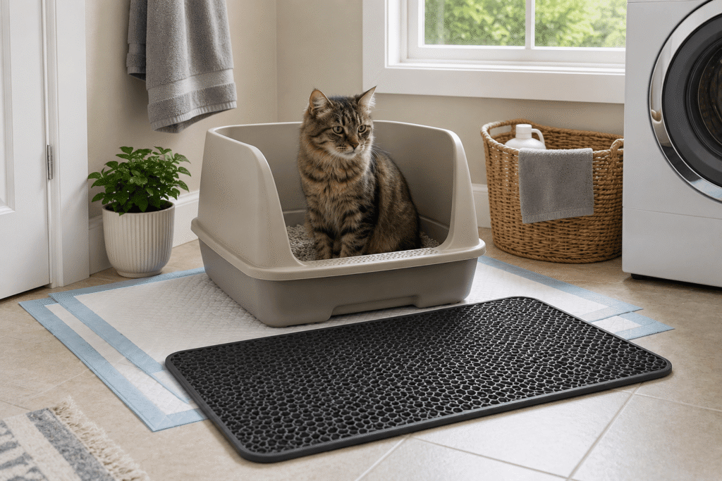 best litter box for senior cats setup with low entry litter box, cat, pee pads and non slip litter mat