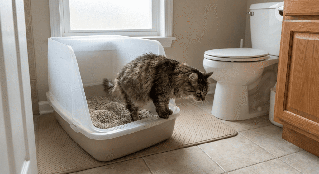 senior cat stepping out of a low entry litter box with high back and litter mat in a bathroom
