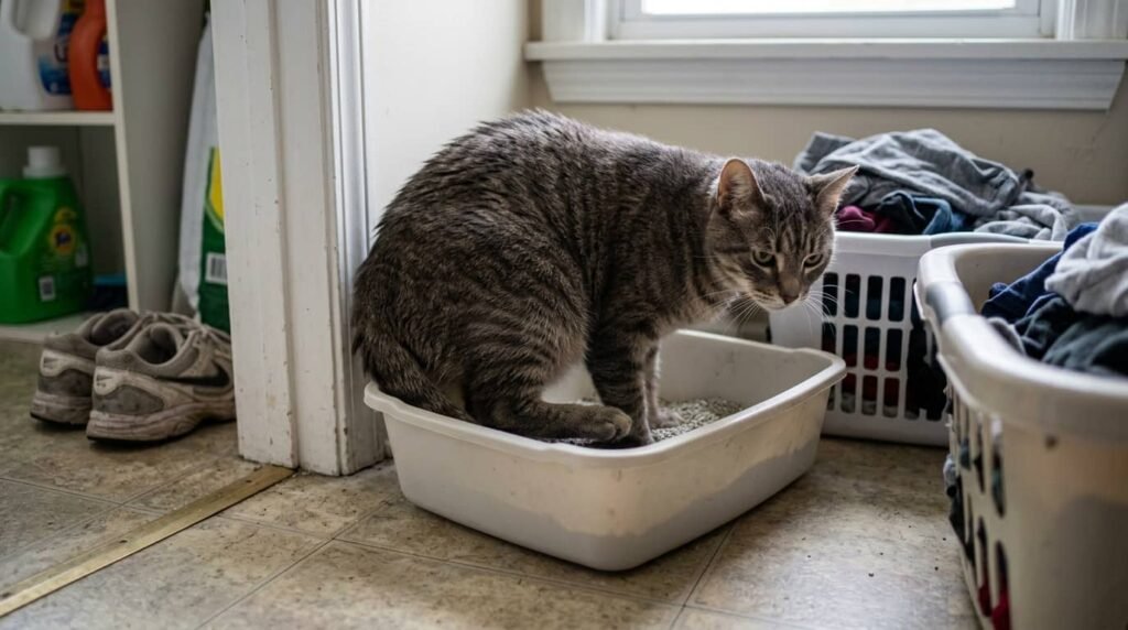 cat trying to use a litter box that is too small