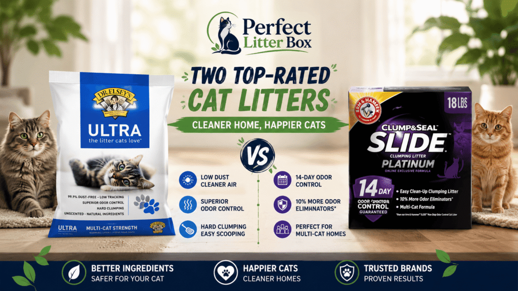 clumping clay cat litter comparison Dr Elsey's Ultra vs Arm and Hammer Clump and Seal with cats