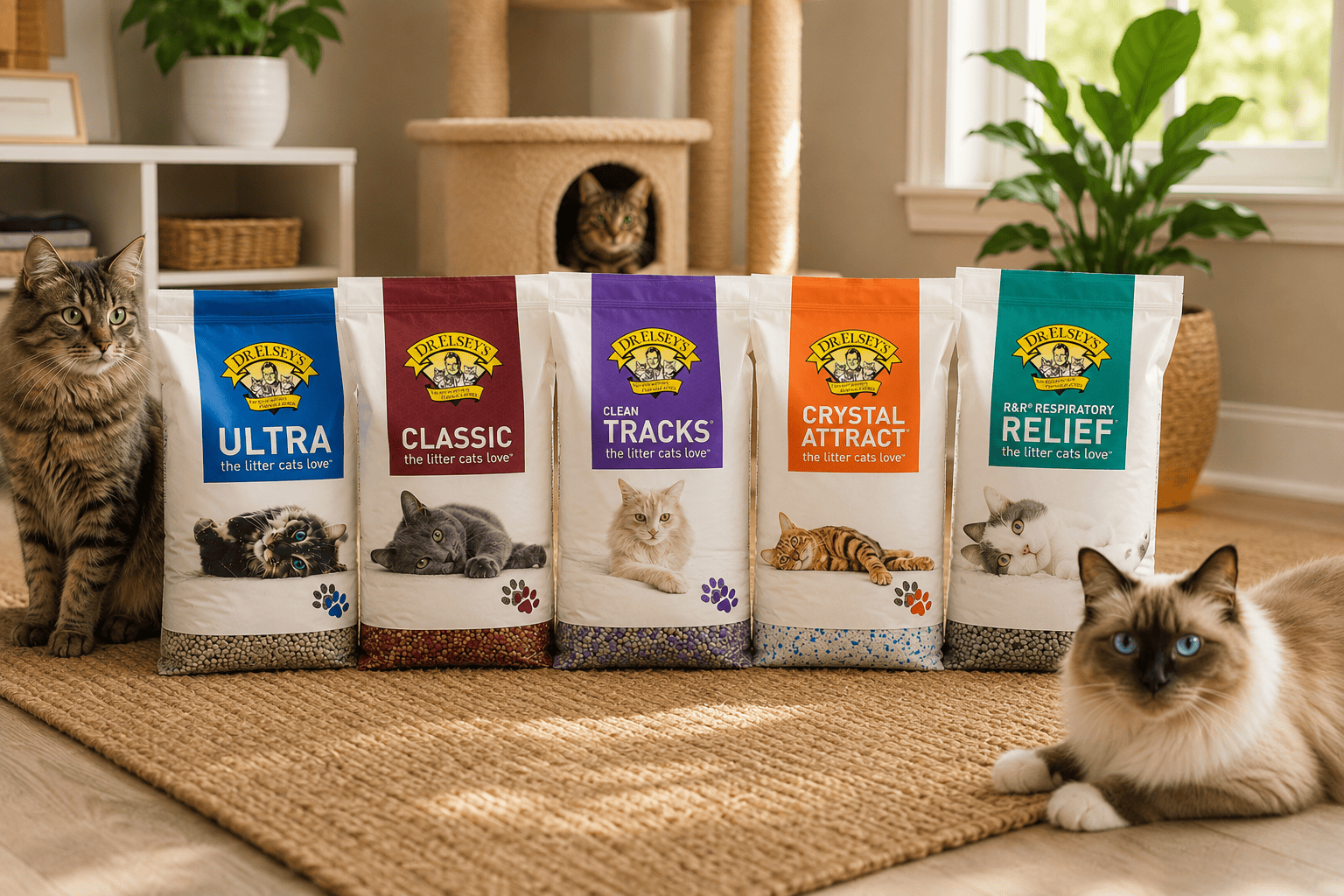 Dr Elsey’s cat litter lineup including Ultra, Classic, Clean Tracks, Crystal Attract, and Respiratory Relief with cats in a home setting