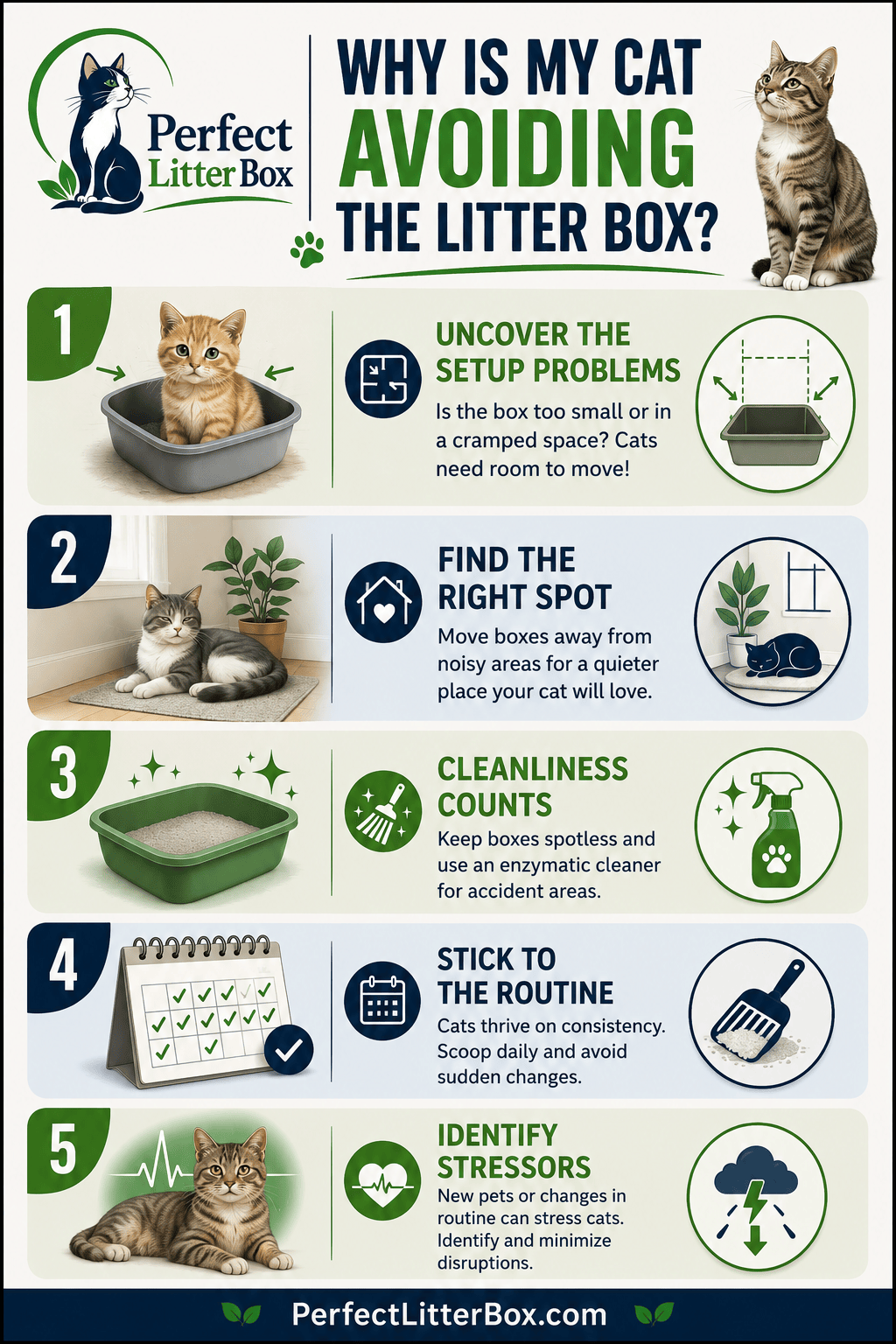 Infographic explaining why a cat is avoiding the litter box and how to fix common litter box problems