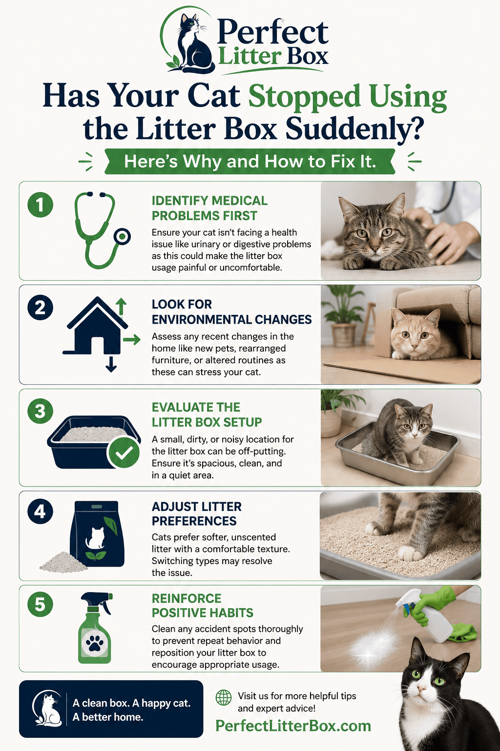 Infographic explaining why a cat is not using the litter box, including medical issues, litter box setup problems, stress, litter preferences, and cleaning habits