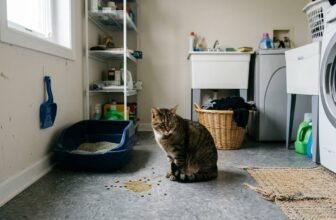 cat sitting near litter box but not using it with accident on floor