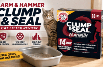 Arm and Hammer Clump and Seal review showing litter box setup with cats and product packaging in a home setting