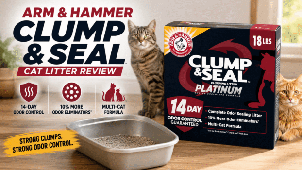 Arm and Hammer Clump and Seal review showing litter box setup with cats and product packaging in a home setting