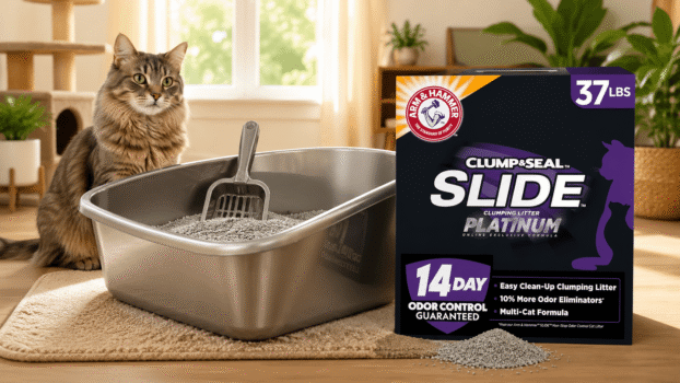 arm and hammer slide review with litter box setup and cat in home environment
