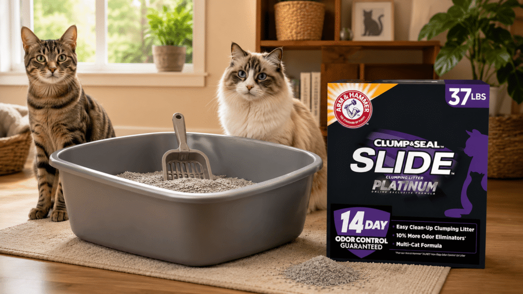 arm and hammer slide review showing litter box setup with two cats and product box
