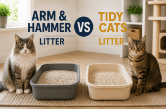 arm and hammer vs tidy cats litter comparison with two litter boxes and cats side by side