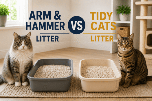 arm and hammer vs tidy cats litter comparison with two litter boxes and cats side by side