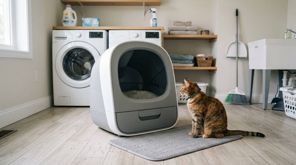Cat sitting near an automatic litter box during the introduction phase before using it