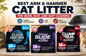 Best Arm and Hammer cat litter comparison showing Clump and Seal, Slide, and Cloud Control in a home setting with cats and a litter box