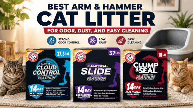 Best Arm and Hammer cat litter comparison showing Clump and Seal, Slide, and Cloud Control in a home setting with cats and a litter box