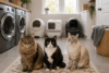 Best automatic litter box for multiple cats with three cats in a laundry room and self-cleaning litter boxes in the background