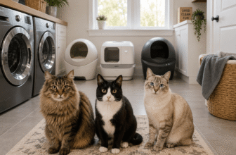 Best automatic litter box for multiple cats with three cats in a laundry room and self-cleaning litter boxes in the background