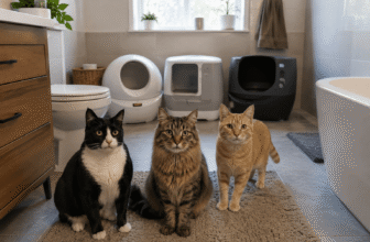 Best budget automatic litter box setup with three cats in a bathroom and multiple self-cleaning litter boxes in the background