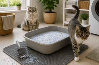 best crystal cat litter in a litter box with visible crystal granules and cats nearby