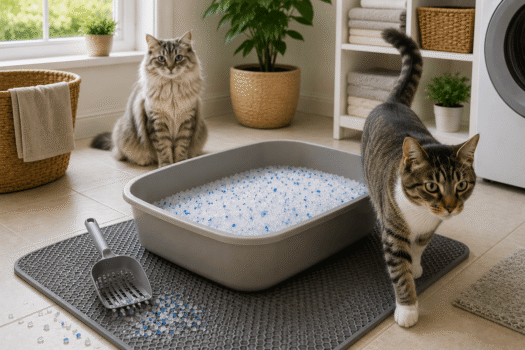 best crystal cat litter in a litter box with visible crystal granules and cats nearby