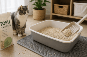 best tofu cat litter in a litter box showing clumping tofu pellets with cat nearby