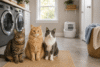 CatGenie AI review showing three cats in a laundry room with the self-cleaning litter box in the background