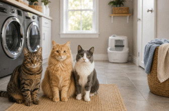 CatGenie AI review showing three cats in a laundry room with the self-cleaning litter box in the background