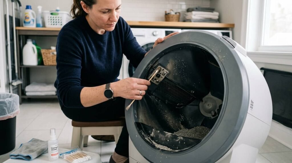 Cleaning the sensor lenses of an automatic litter box using a cotton swab during weekly maintenance