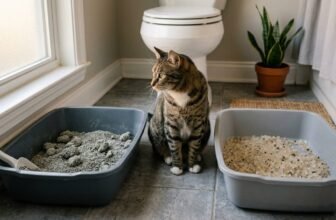 Clumping crystal cat litter comparison: a cat sitting between two litter boxes, one filled with gray clumping clay and the other with crystal litter