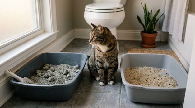 Clumping crystal cat litter comparison: a cat sitting between two litter boxes, one filled with gray clumping clay and the other with crystal litter