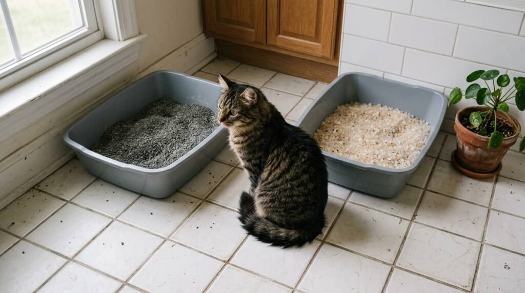 Cat sitting between two litter boxes, one with gray clumping clay litter and one with light crystal litter