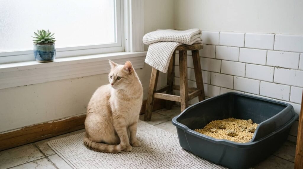 Cream colored cat sitting beside a litter box filled with corn cat litter in a home bathroom