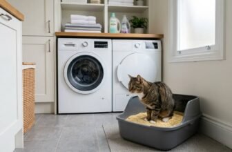 Cat using a litter box with corn litter in a clean laundry room