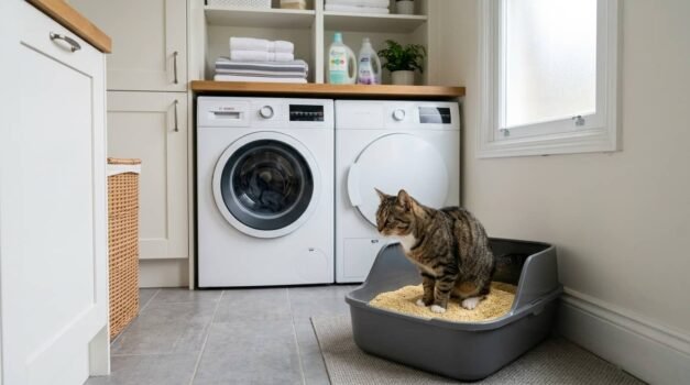 Cat using a litter box with corn litter in a clean laundry room