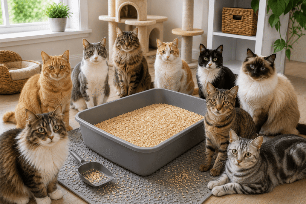 corn cat litter in a litter box with multiple cats showing natural corn litter texture