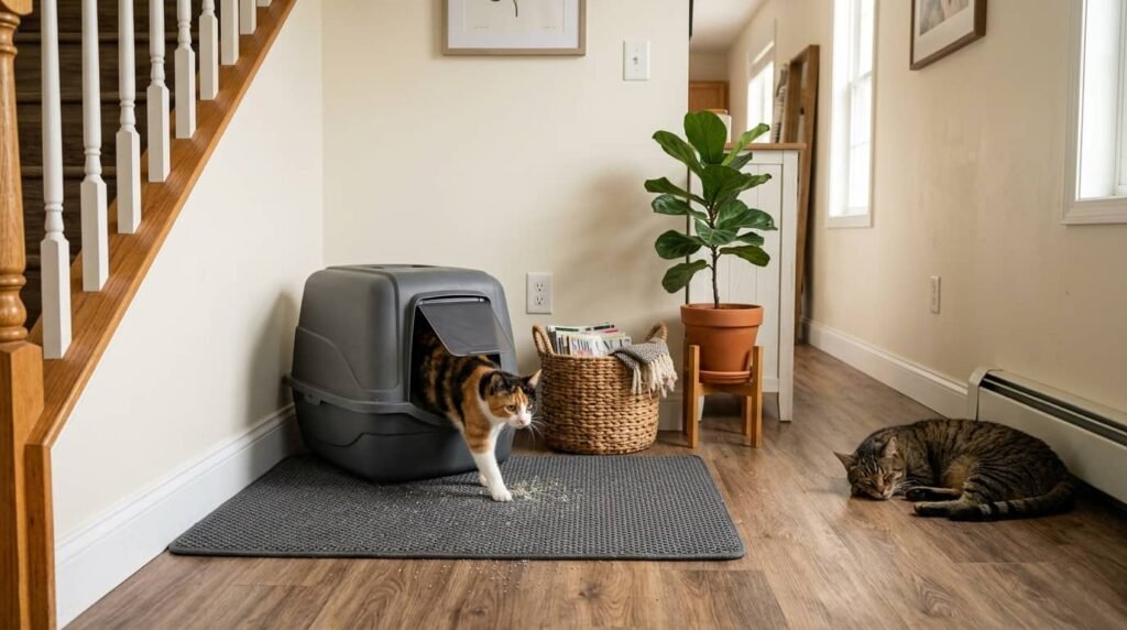 covered litter box in a hallway with one cat exiting and another resting nearby on a litter mat