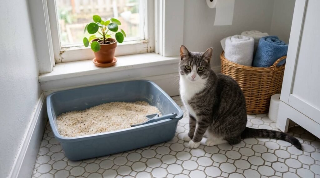 Gray and white cat sitting beside a litter box filled with crystal cat litter in a home bathroom