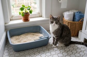 Gray and white cat sitting beside a litter box filled with crystal cat litter in a home bathroom