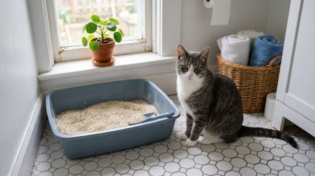 Gray and white cat sitting beside a litter box filled with crystal cat litter in a home bathroom