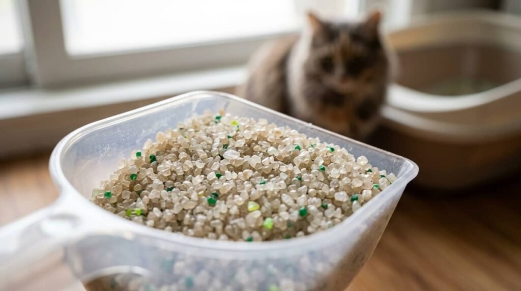 Close-up of crystal cat litter granules in a scoop with a cat near a litter box in the background