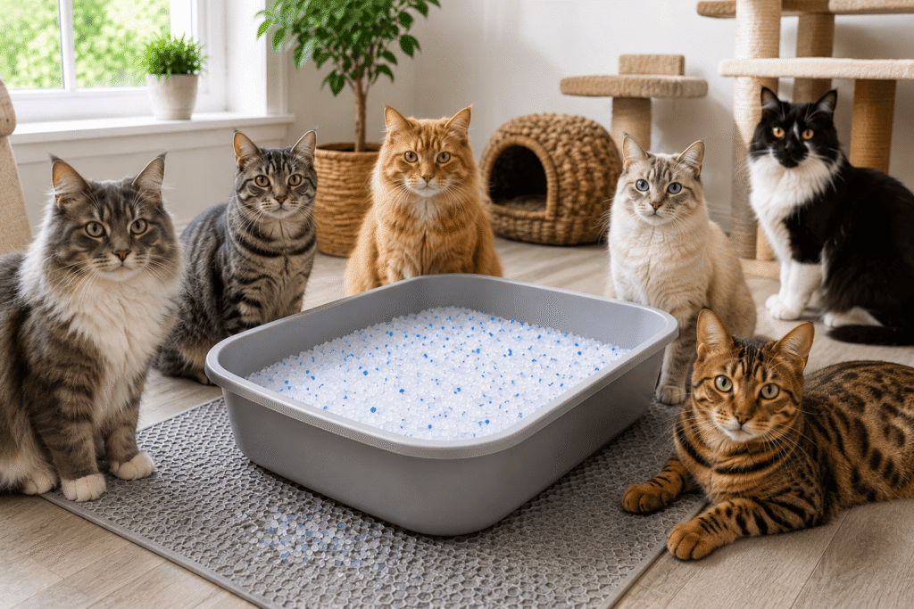 crystal cat litter in a litter box with multiple cats around showing crystal granules