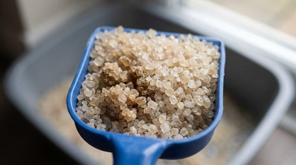 Scoop of crystal cat litter granules showing some darker pieces that have absorbed liquid