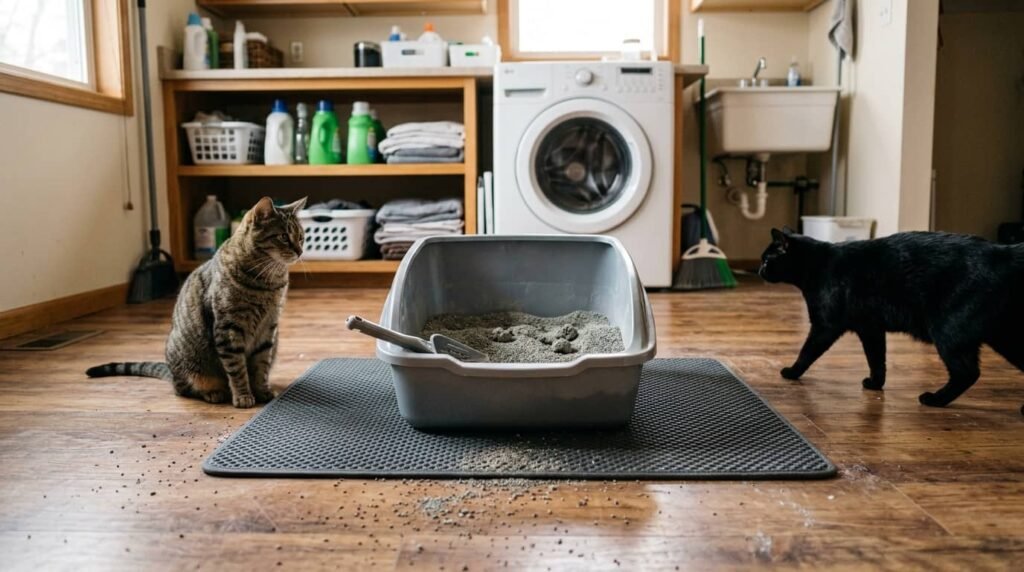 crystal vs clumping cat litter showing tracking and open litter box in a laundry room with cats